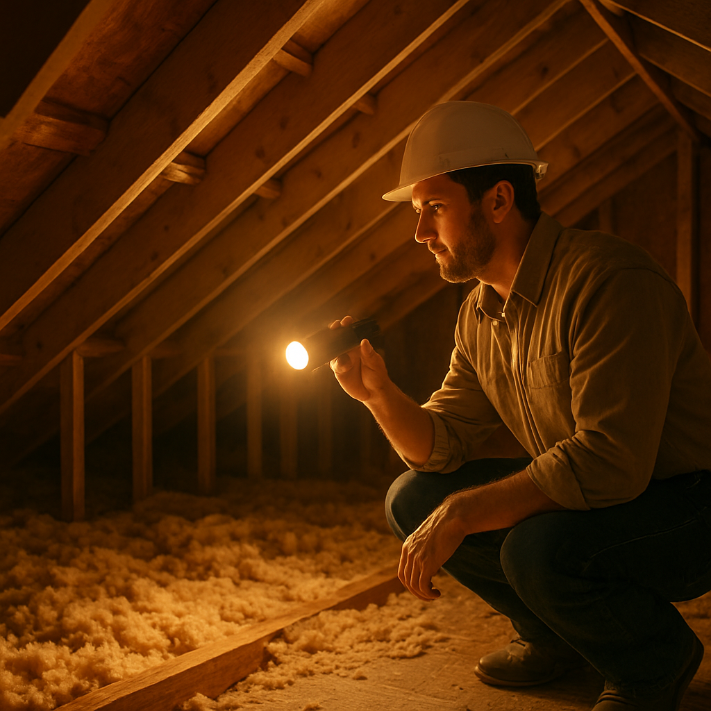 A professional home inspector examining roof framing with a flashlight